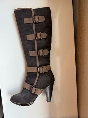 Sofft Two-Tone Brown Leather Buckle Knee Boots